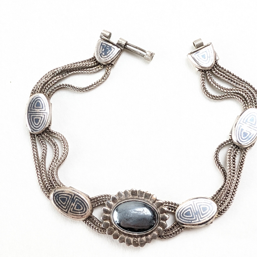 Antique 900 Silver Multi Stand Marcasite Cabochon Bracelet